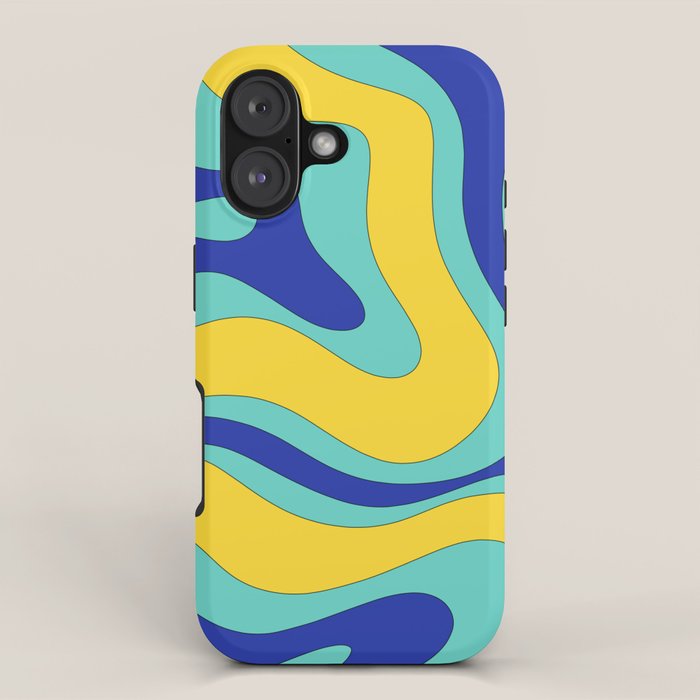Modern Retro Liquid Swirl Funky Abstract Pattern Blue Aqua Yellow iPhone Case Gallery Image 1