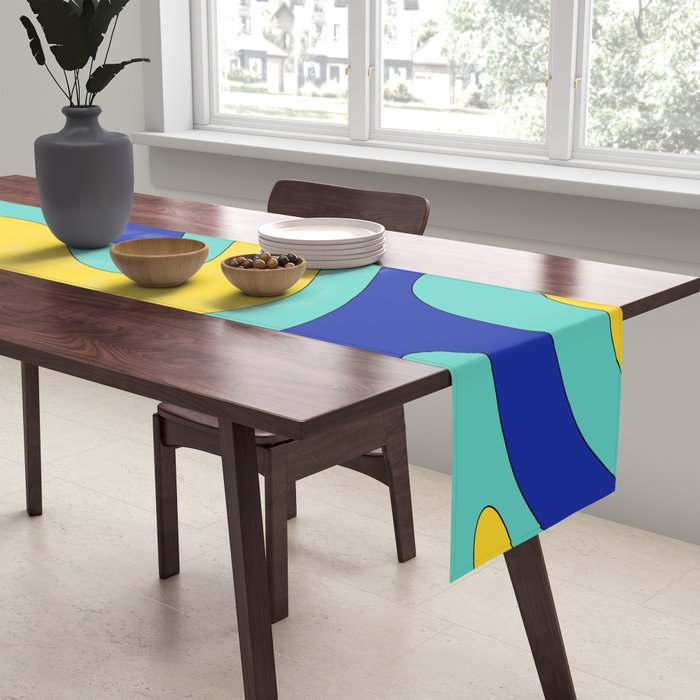 Modern Retro Liquid Swirl Funky Abstract Pattern Blue Aqua Yellow Table Runner Gallery Image 2