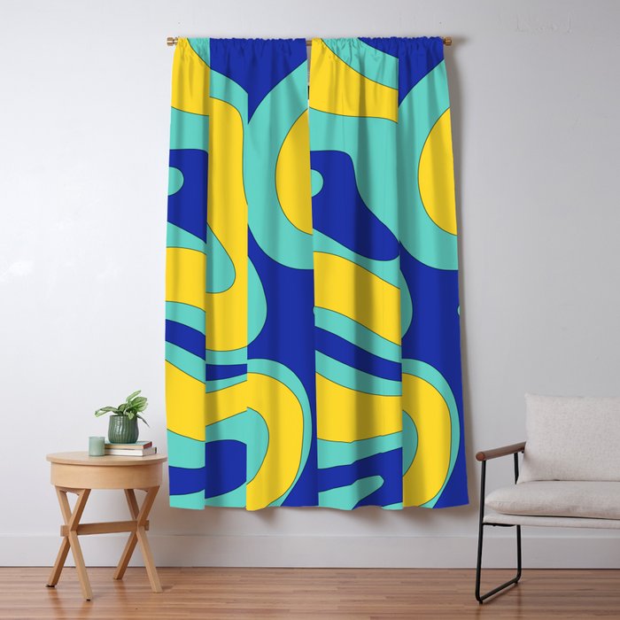 Modern Retro Liquid Swirl Funky Abstract Pattern Blue Aqua Yellow Window Curtain Gallery Image 5