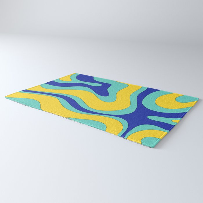 Modern Retro Liquid Swirl Funky Abstract Pattern Blue Aqua Yellow Rug Gallery Image 3