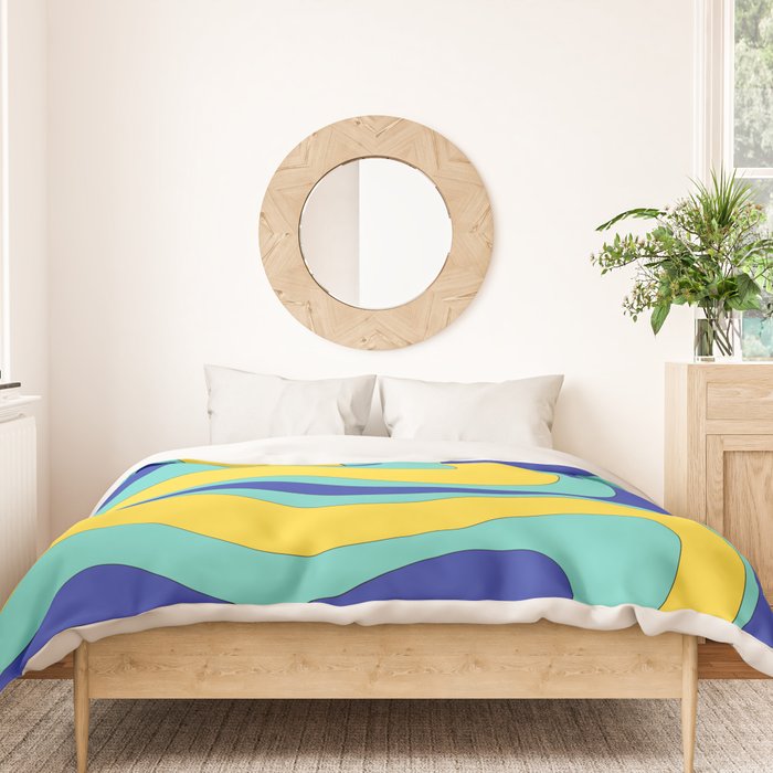 Modern Retro Liquid Swirl Funky Abstract Pattern Blue Aqua Yellow Duvet Cover Gallery Image 3