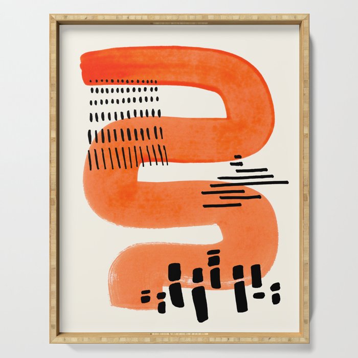 Mid Century Modern abstract Minimalist Fun Colorful Shapes Patterns Orange Watercolor Wiggle Stroke Serving Tray Gallery Image 1