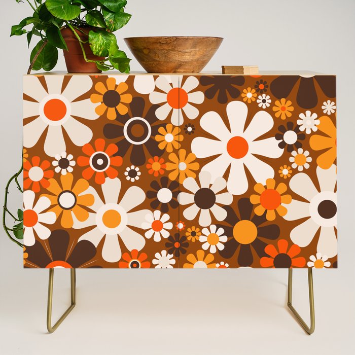 Retro Garden Flowers Groovy 1970s Floral Pattern in 70s Brown and Orange Credenza Gallery Image 1