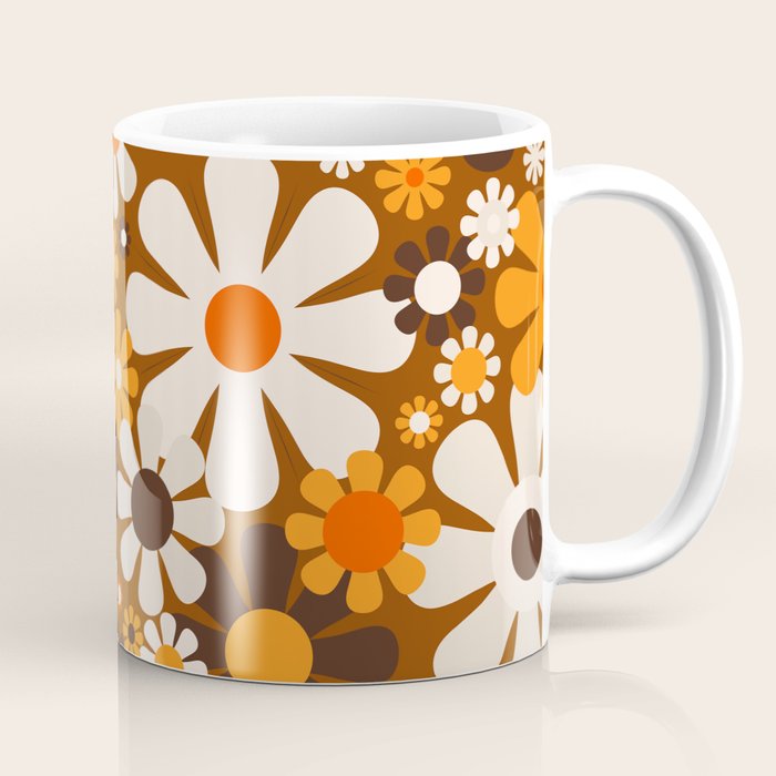 Retro Garden Flowers Groovy 1970s Floral Pattern in 70s Brown and Orange Coffee Mug Gallery Image 1
