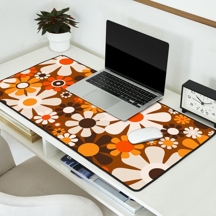 Retro Garden Flowers Groovy 1970s Floral Pattern in 70s Brown and Orange Desk Mat Gallery Image 2