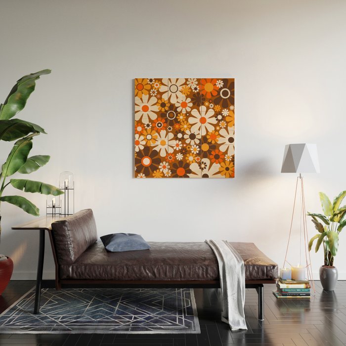 Retro Garden Flowers Groovy 1970s Floral Pattern in 70s Brown and Orange Wood Wall Art Gallery Image 2