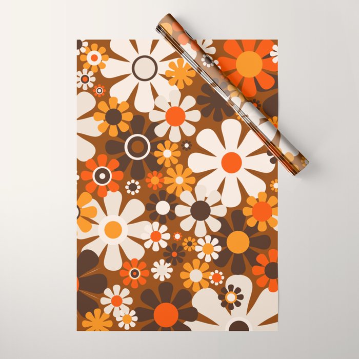 Retro Garden Flowers Groovy 1970s Floral Pattern in 70s Brown and Orange Wrapping Paper Gallery Image 1