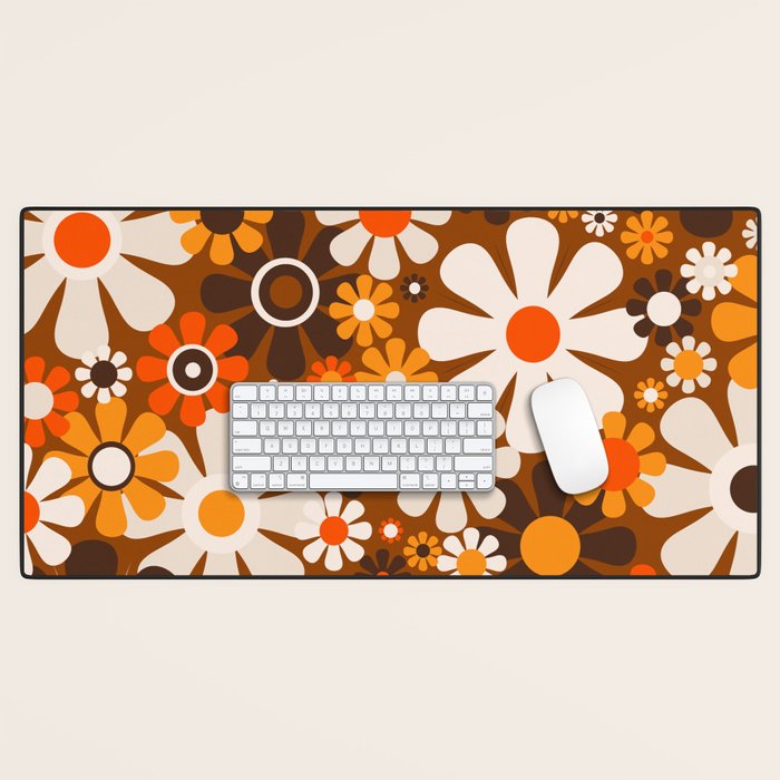 Retro Garden Flowers Groovy 1970s Floral Pattern in 70s Brown and Orange Desk Mat Gallery Image 1