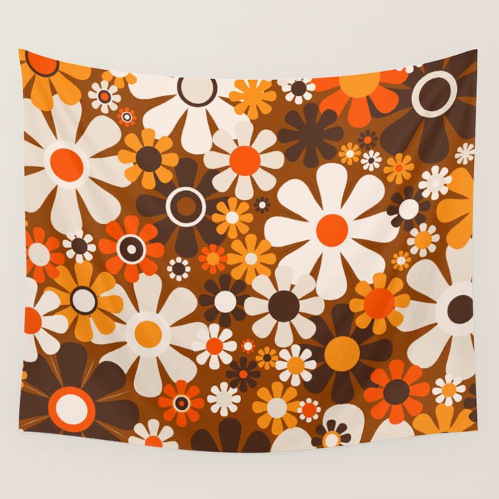 Retro Garden Flowers Groovy 1970s Floral Pattern in 70s Brown and Orange Wall Tapestry Gallery Image 1