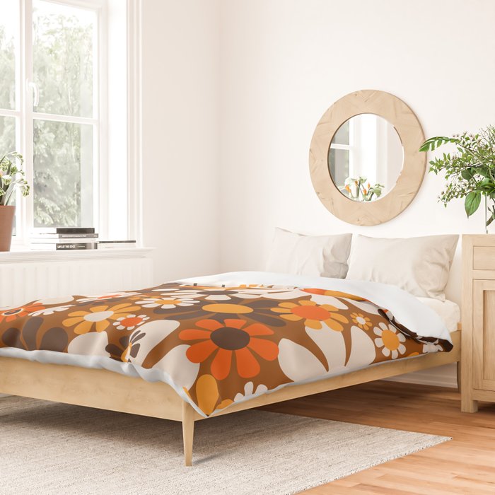 Retro Garden Flowers Groovy 1970s Floral Pattern in 70s Brown and Orange Duvet Cover Gallery Image 2