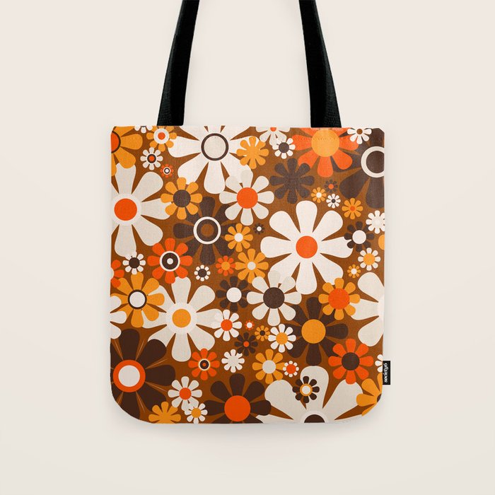 Retro Garden Flowers Groovy 1970s Floral Pattern in 70s Brown and Orange Tote Bag Gallery Image 1