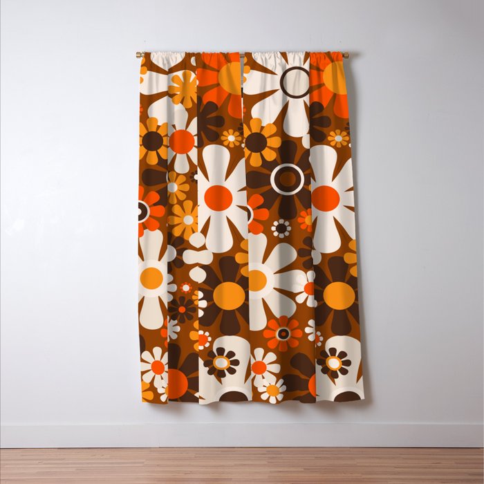 Retro Garden Flowers Groovy 1970s Floral Pattern in 70s Brown and Orange Window Curtain Gallery Image 3