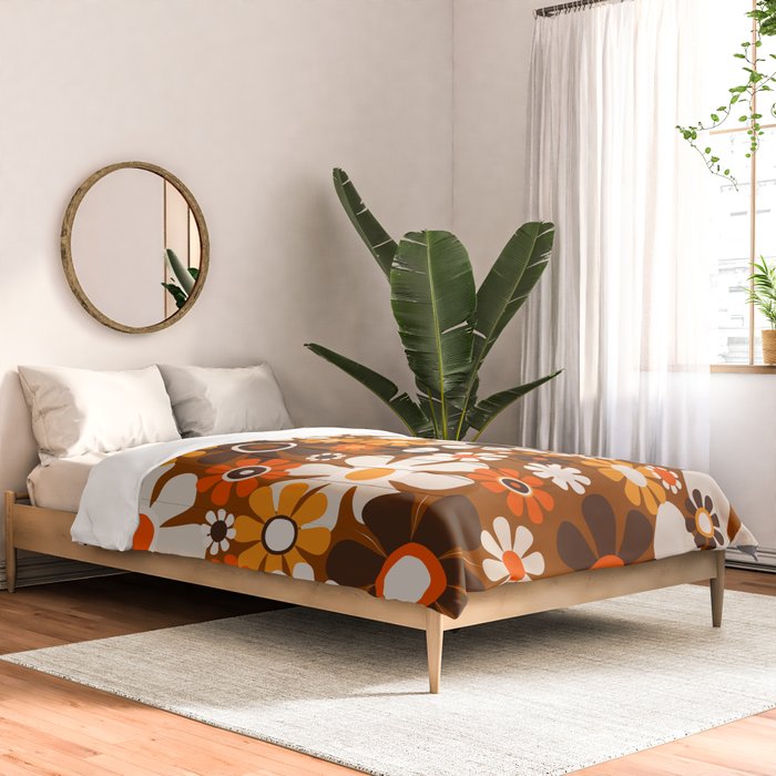 Retro Garden Flowers Groovy 1970s Floral Pattern in 70s Brown and Orange Comforter Gallery Image 2
