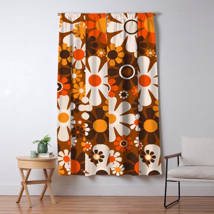 Retro Garden Flowers Groovy 1970s Floral Pattern in 70s Brown and Orange Window Curtain Gallery Image 1