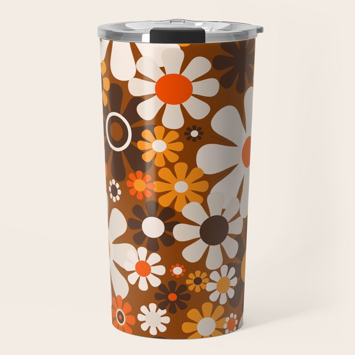 Retro Garden Flowers Groovy 1970s Floral Pattern in 70s Brown and Orange Travel Mug Gallery Image 1