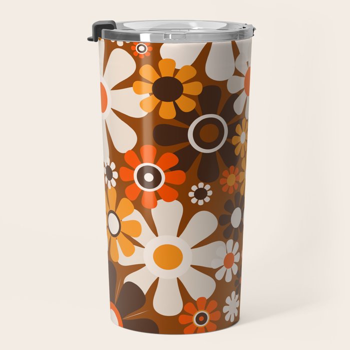 Retro Garden Flowers Groovy 1970s Floral Pattern in 70s Brown and Orange Travel Mug Gallery Image 3