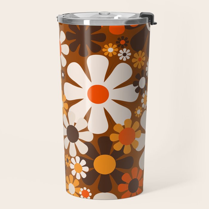 Retro Garden Flowers Groovy 1970s Floral Pattern in 70s Brown and Orange Travel Mug Gallery Image 2
