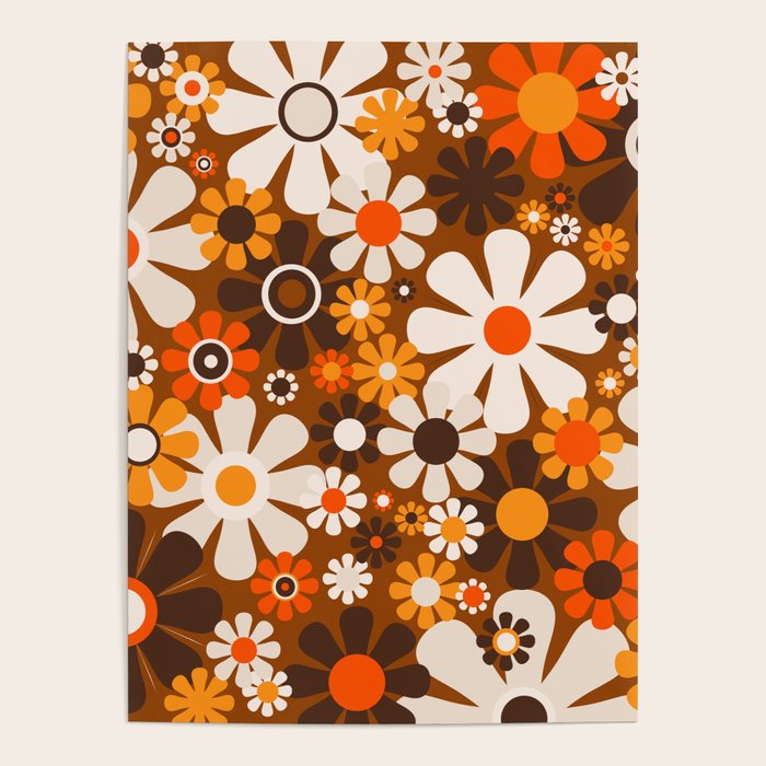 Retro Garden Flowers Groovy 1970s Floral Pattern in 70s Brown and Orange Poster Gallery Image 4