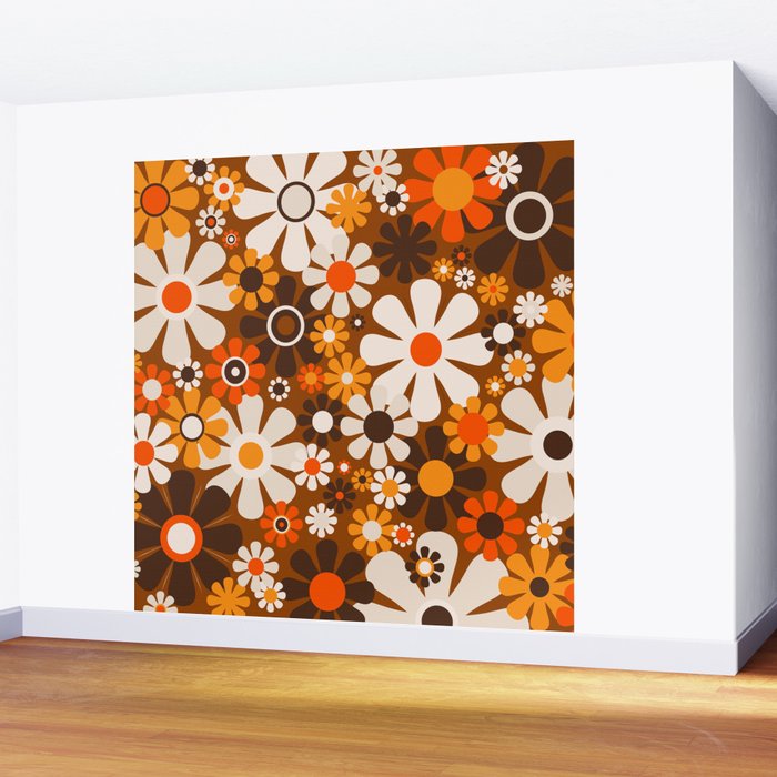 Retro Garden Flowers Groovy 1970s Floral Pattern in 70s Brown and Orange Wall Mural Gallery Image 2
