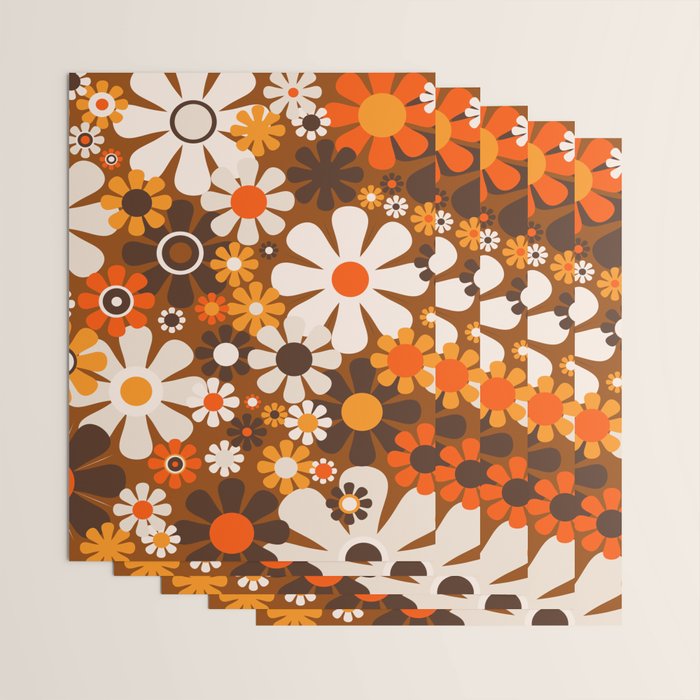 Retro Garden Flowers Groovy 1970s Floral Pattern in 70s Brown and Orange Wrapping Paper Gallery Image 3