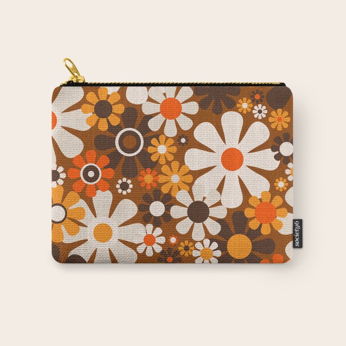 Retro Garden Flowers Groovy 1970s Floral Pattern in 70s Brown and Orange Carry All Pouch Gallery Image 1
