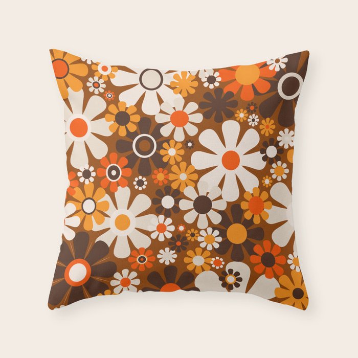 Retro Garden Flowers Groovy 1970s Floral Pattern in 70s Brown and Orange Throw Pillow Gallery Image 6