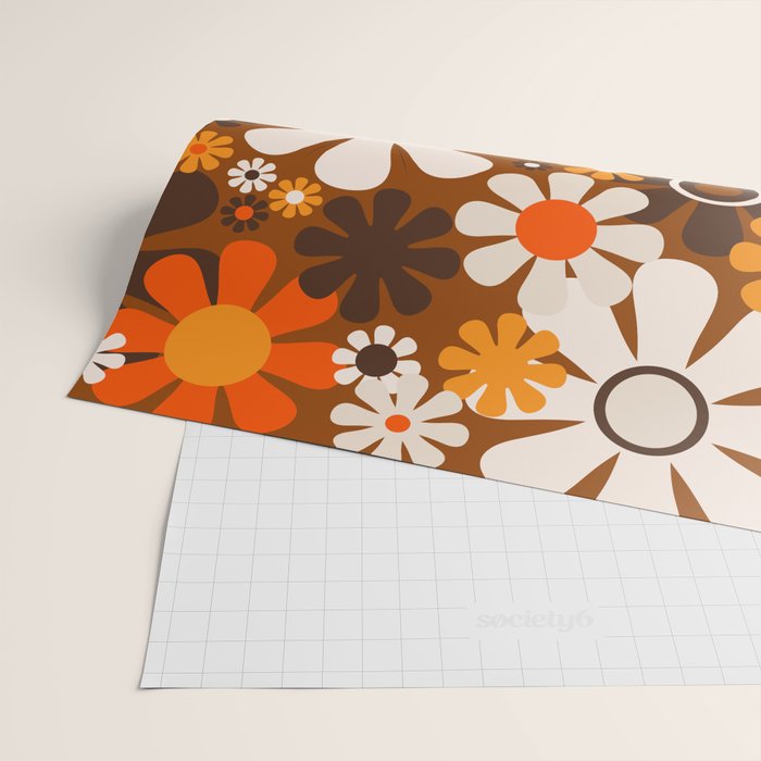Retro Garden Flowers Groovy 1970s Floral Pattern in 70s Brown and Orange Wrapping Paper Gallery Image 2