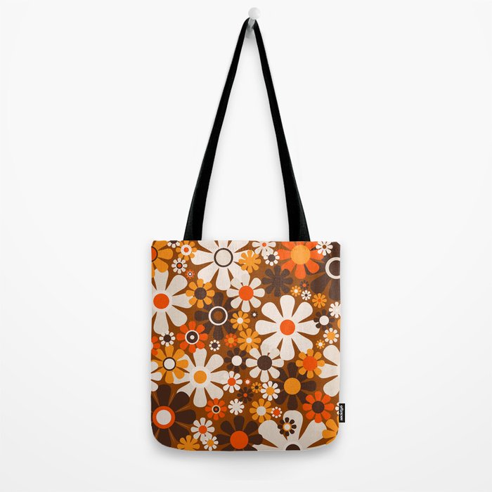 Retro Garden Flowers Groovy 1970s Floral Pattern in 70s Brown and Orange Tote Bag Gallery Image 2