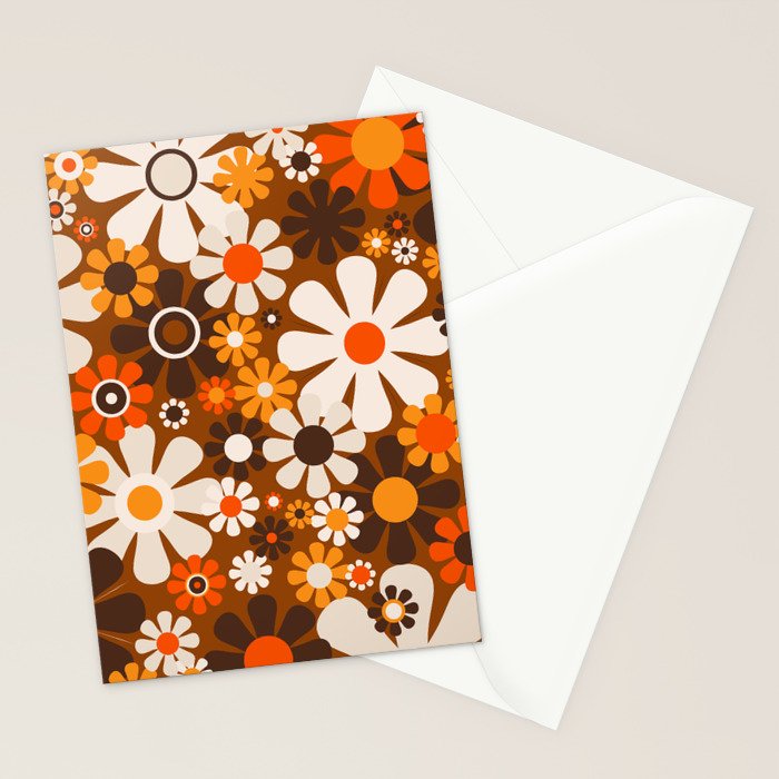 Retro Garden Flowers Groovy 1970s Floral Pattern in 70s Brown and Orange Stationery Card Gallery Image 2