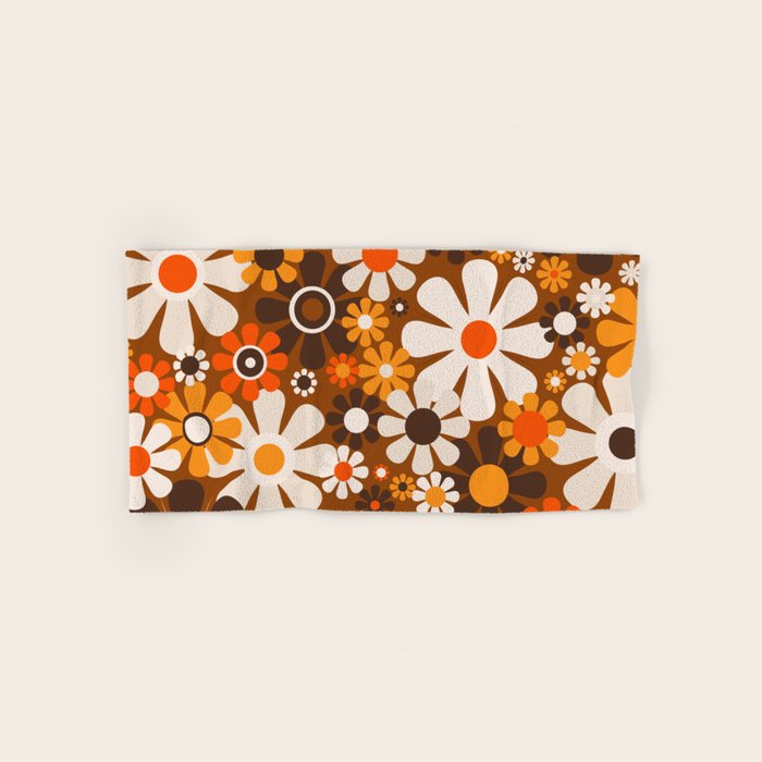 Retro Garden Flowers Groovy 1970s Floral Pattern in 70s Brown and Orange Bath Towel Gallery Image 1