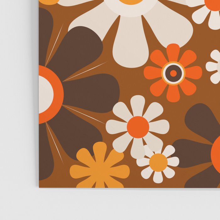 Retro Garden Flowers Groovy 1970s Floral Pattern in 70s Brown and Orange Poster Gallery Image 3