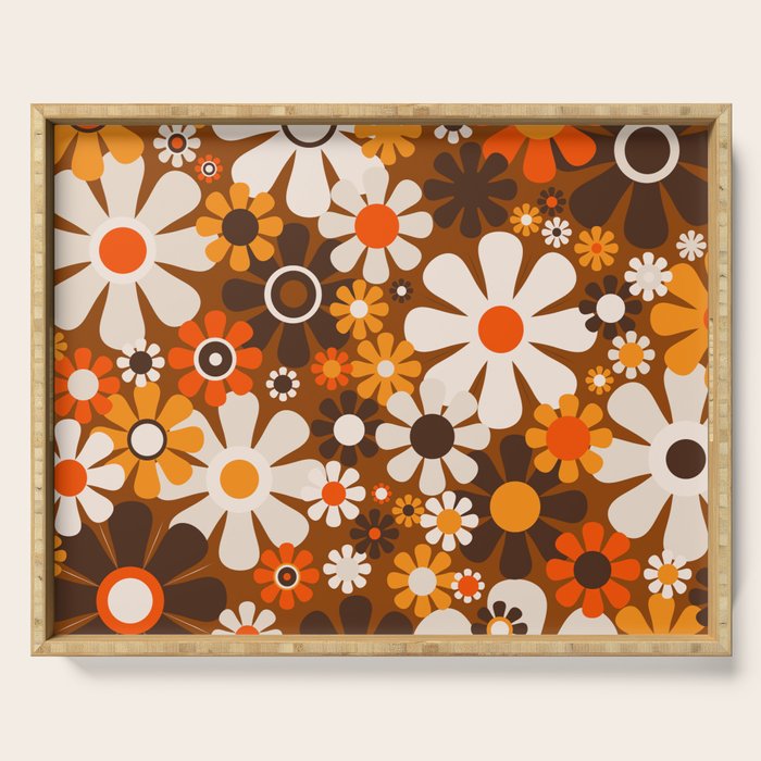 Retro Garden Flowers Groovy 1970s Floral Pattern in 70s Brown and Orange Serving Tray Gallery Image 1