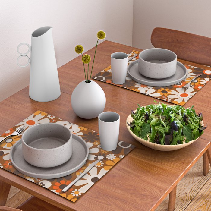 Retro Garden Flowers Groovy 1970s Floral Pattern in 70s Brown and Orange Placemat Gallery Image 2