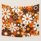Retro Garden Flowers Groovy 1970s Floral Pattern in 70s Brown and Orange Wall Tapestry Gallery Image 4