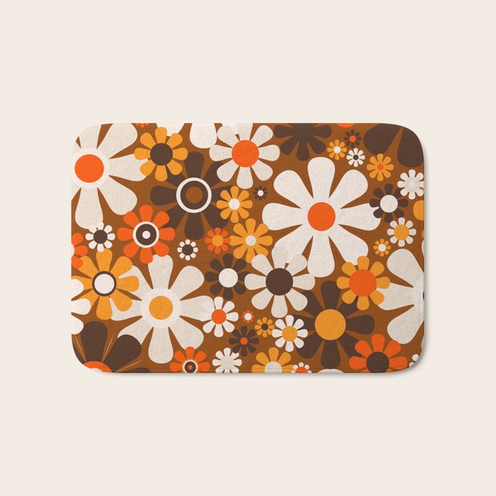 Retro Garden Flowers Groovy 1970s Floral Pattern in 70s Brown and Orange Bath Mat Gallery Image 1