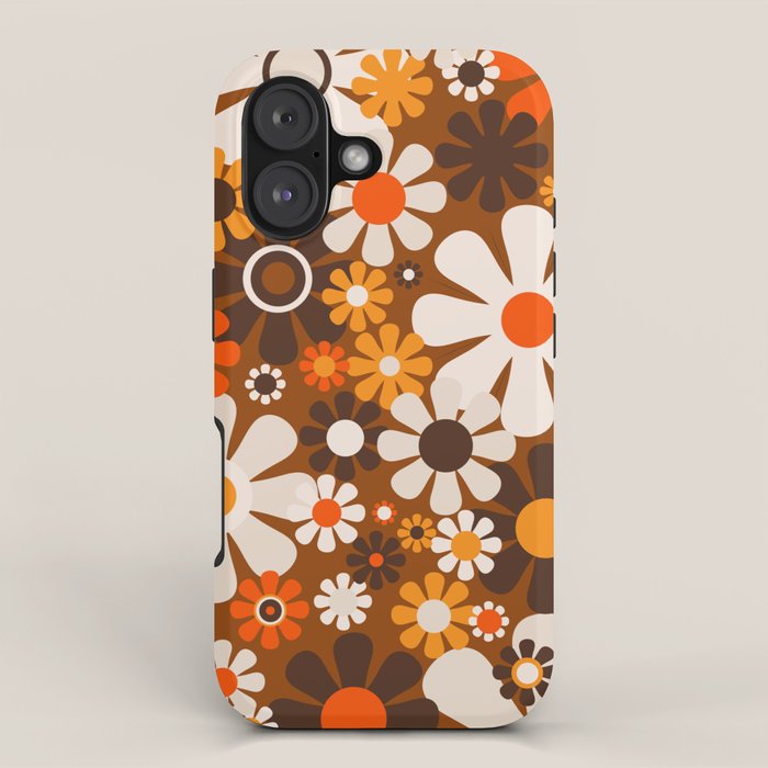 Retro Garden Flowers Groovy 1970s Floral Pattern in 70s Brown and Orange iPhone Case Gallery Image 1