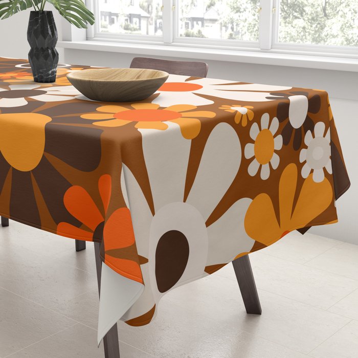 Retro Garden Flowers Groovy 1970s Floral Pattern in 70s Brown and Orange Tablecloth Gallery Image 3