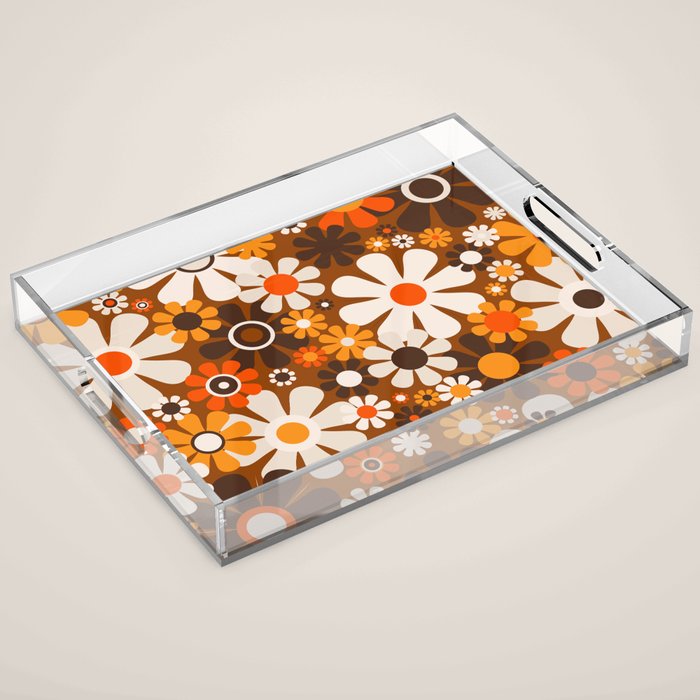 Retro Garden Flowers Groovy 1970s Floral Pattern in 70s Brown and Orange Acrylic Tray Gallery Image 1