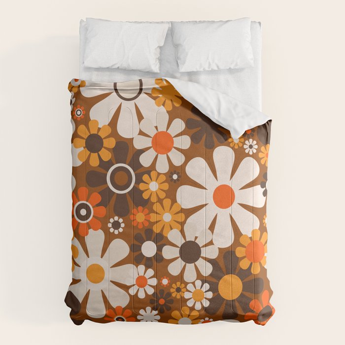 Retro Garden Flowers Groovy 1970s Floral Pattern in 70s Brown and Orange Comforter Gallery Image 1