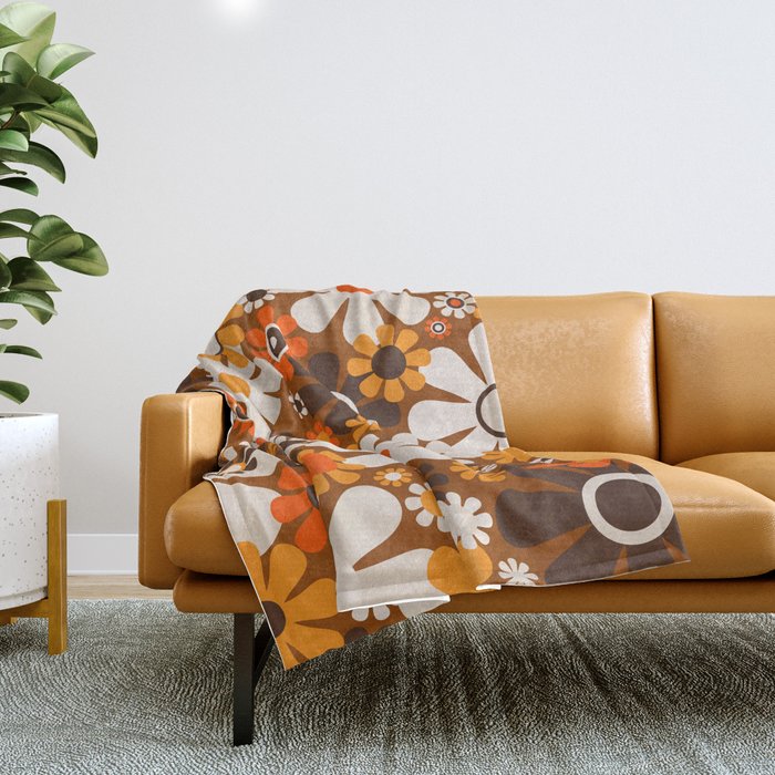 Retro Garden Flowers Groovy 1970s Floral Pattern in 70s Brown and Orange Throw Blanket Gallery Image 1