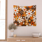 Retro Garden Flowers Groovy 1970s Floral Pattern in 70s Brown and Orange Wall Tapestry Gallery Image 2