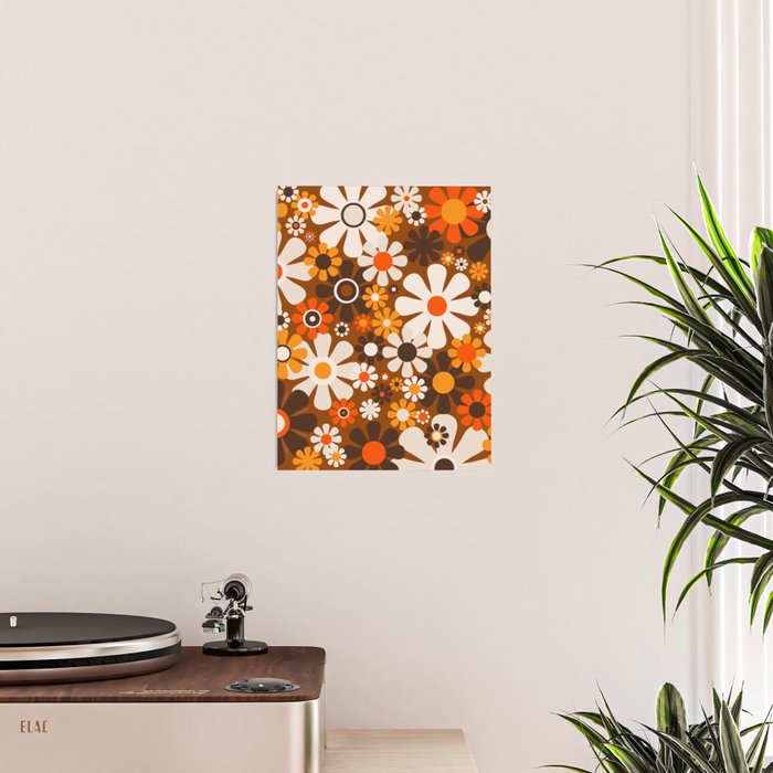Retro Garden Flowers Groovy 1970s Floral Pattern in 70s Brown and Orange Poster Gallery Image 2