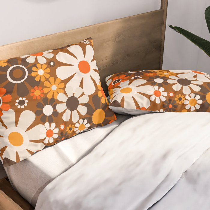 Retro Garden Flowers Groovy 1970s Floral Pattern in 70s Brown and Orange Pillow Sham Gallery Image 2
