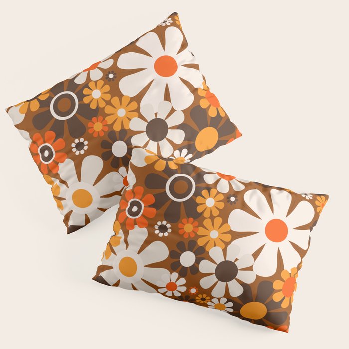Retro Garden Flowers Groovy 1970s Floral Pattern in 70s Brown and Orange Pillow Sham Gallery Image 3