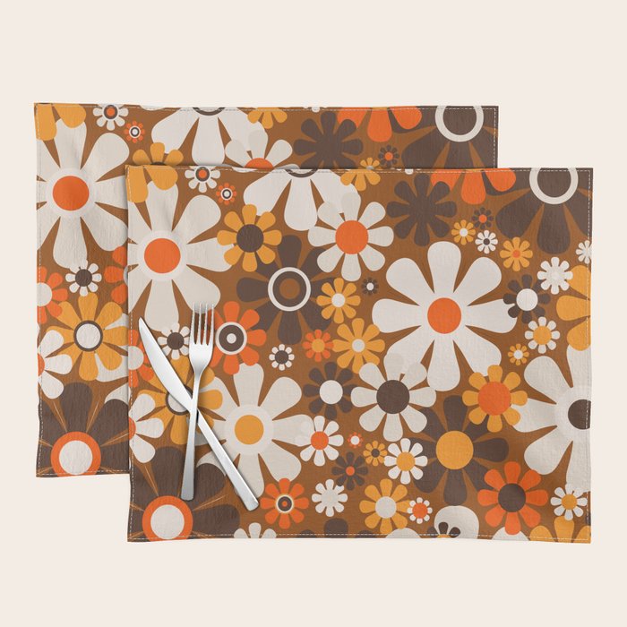 Retro Garden Flowers Groovy 1970s Floral Pattern in 70s Brown and Orange Placemat Gallery Image 1
