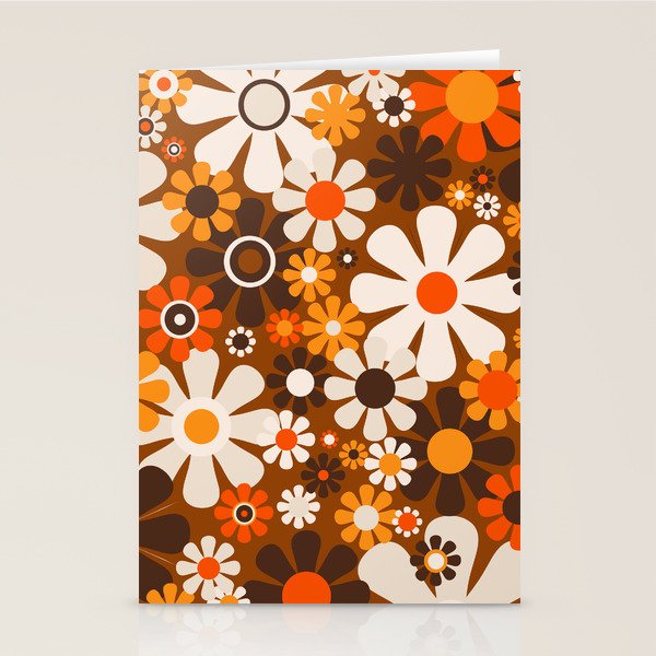 Retro Garden Flowers Groovy 1970s Floral Pattern in 70s Brown and Orange Stationery Card Gallery Image 1