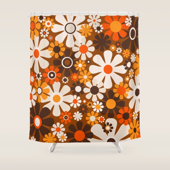 Retro Garden Flowers Groovy 1970s Floral Pattern in 70s Brown and Orange Shower Curtain Gallery Image 1