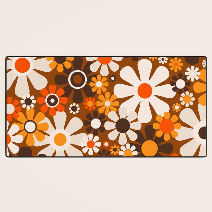 Retro Garden Flowers Groovy 1970s Floral Pattern in 70s Brown and Orange Desk Mat Gallery Image 3