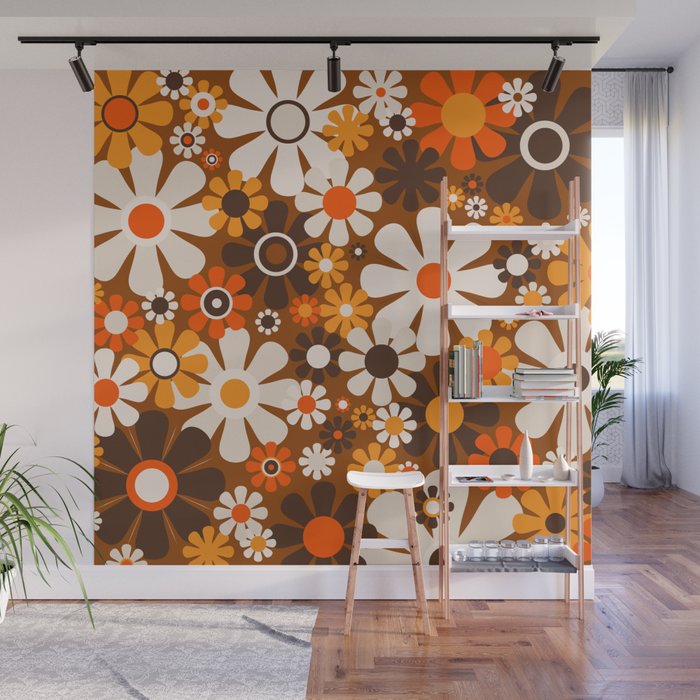 Retro Garden Flowers Groovy 1970s Floral Pattern in 70s Brown and Orange Wall Mural Gallery Image 1