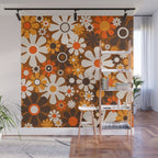 Retro Garden Flowers Groovy 1970s Floral Pattern in 70s Brown and Orange Wall Mural Gallery Image 1